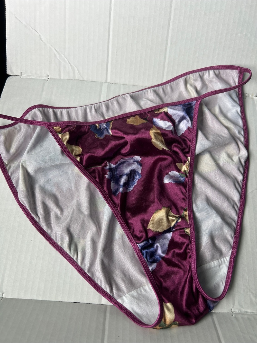 VTG - Floral Satin Bikini Panty in Plum string size  L